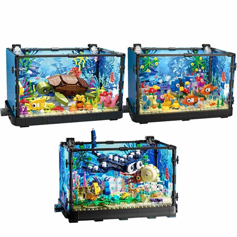Aquarium Fish Farm - Aquarium-Baustein-Set mit Licht, Aquarium, Meeresschildkröte, Baustein-Spielzeug
